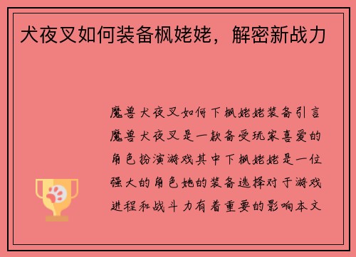 犬夜叉如何装备枫姥姥，解密新战力
