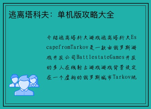 逃离塔科夫：单机版攻略大全